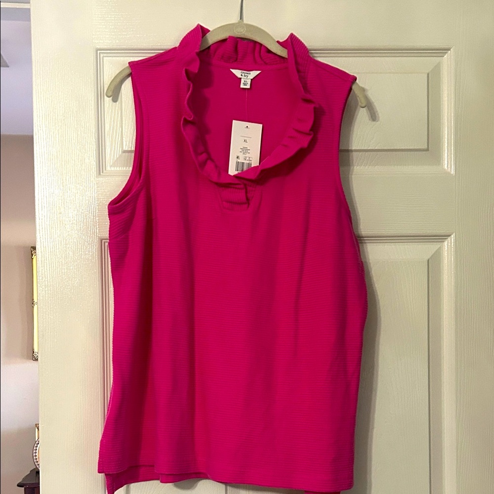 Crown & Ivy Vibrant Pink Ruffle Neck Blouse